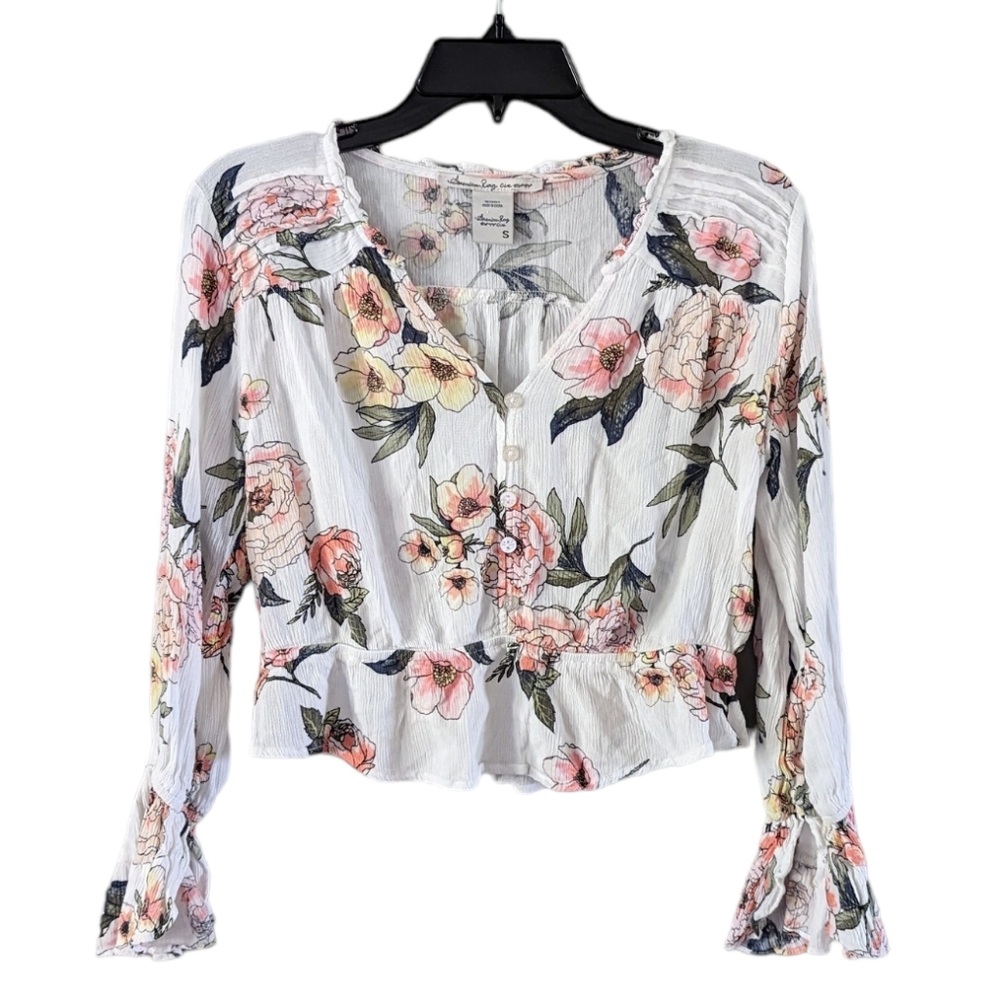 American Rag Long Sleeve Floral Ruffle Crop Top Size Small